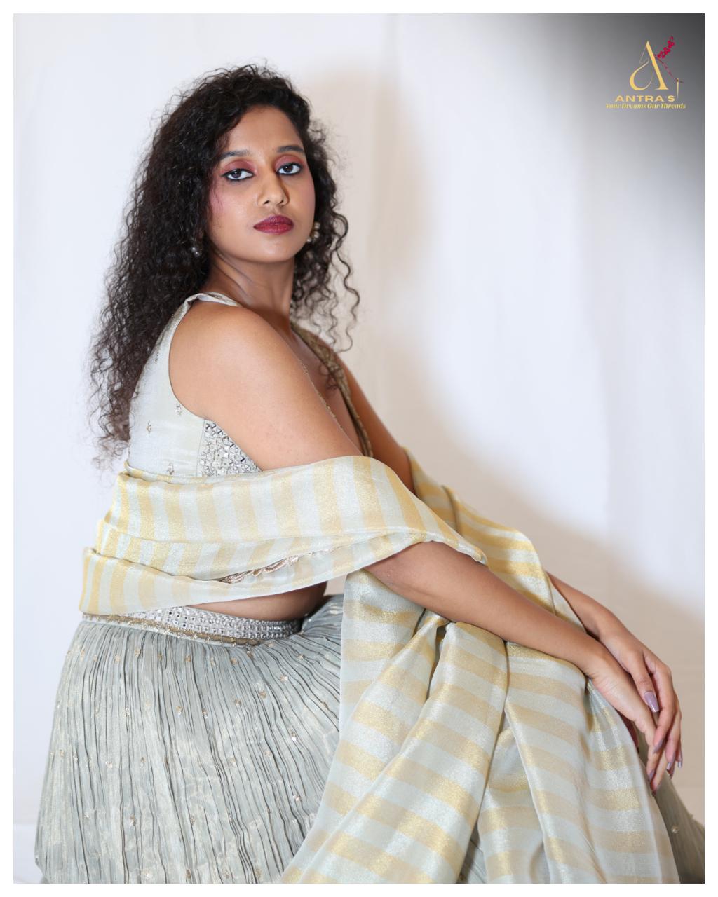 Greyish-Cream Tissue Organza Chaniya Choli Set