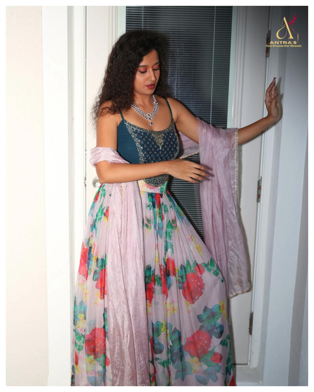 Floral Screen-Printed Organza Skirt with Embroidered Blouse