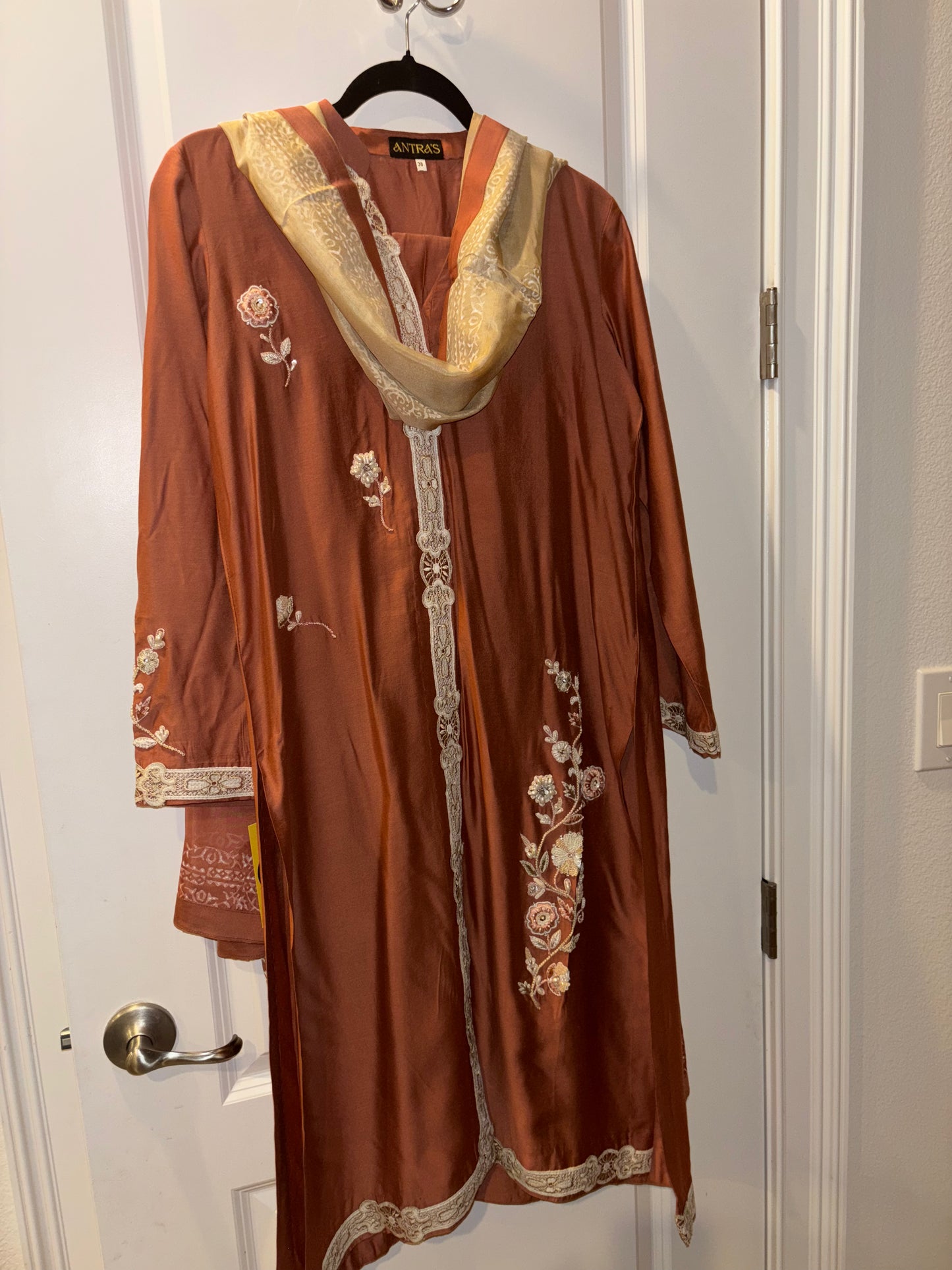 Handmade Rust Traditional Outfit with Cream Floral Embroidery & Hand Painted Dupatta