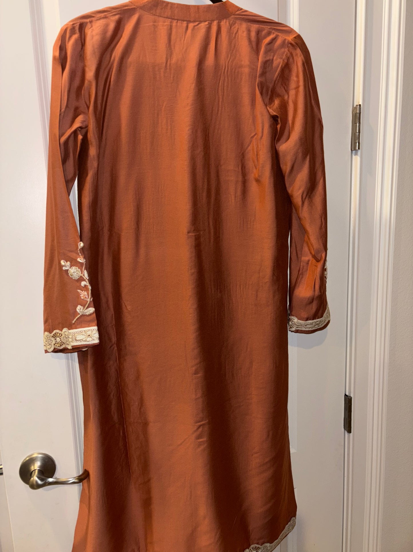 Handmade Rust Traditional Outfit with Cream Floral Embroidery & Hand Painted Dupatta