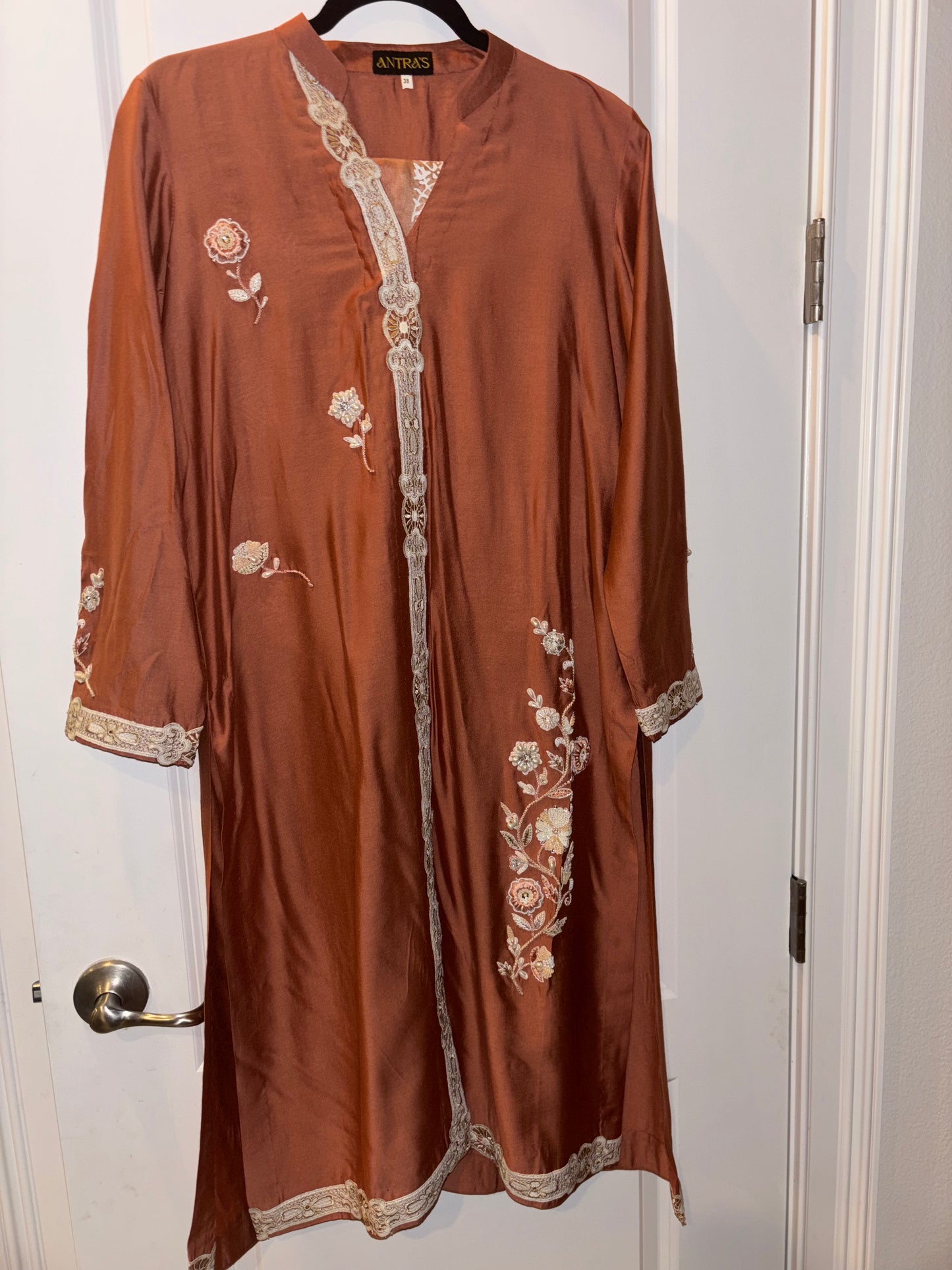 Handmade Rust Traditional Outfit with Cream Floral Embroidery & Hand Painted Dupatta