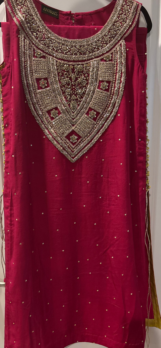 Elegant Burgundy Traditional Outfit with Gold Embroidery and Lime Green sides