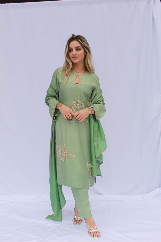 Luxury 60g Pure Mint Green Silk Zardozi Kurti Set