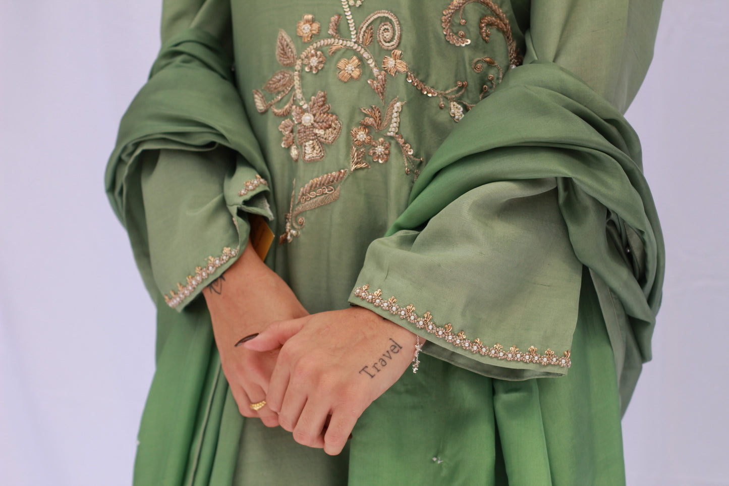 Luxury 60g Pure Mint Green Silk Zardozi Kurti Set