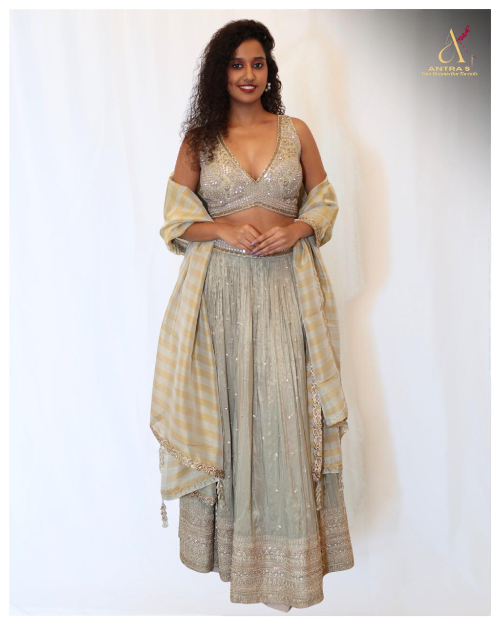 Greyish-Cream Tissue Organza Chaniya Choli Set