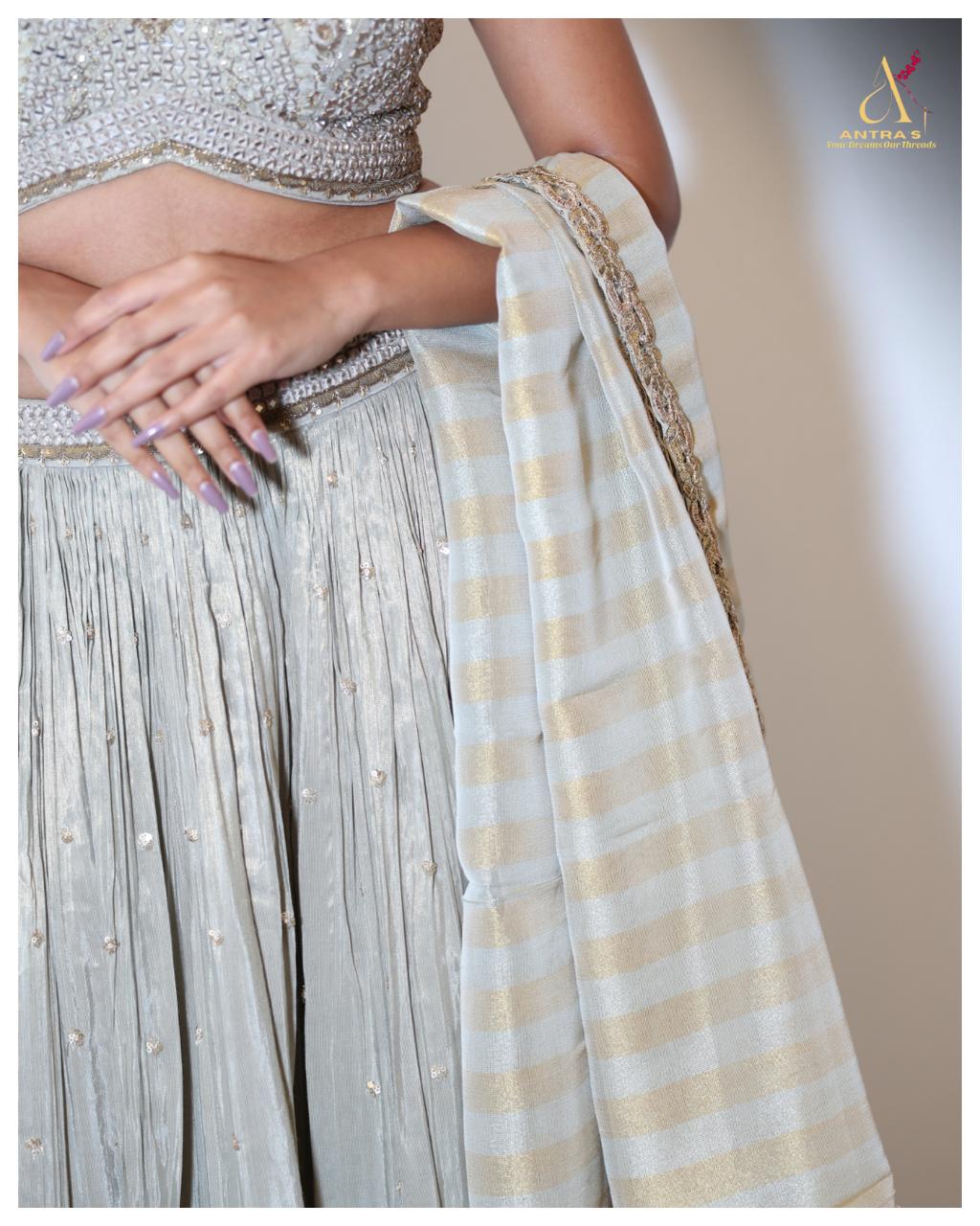 Greyish-Cream Tissue Organza Chaniya Choli Set