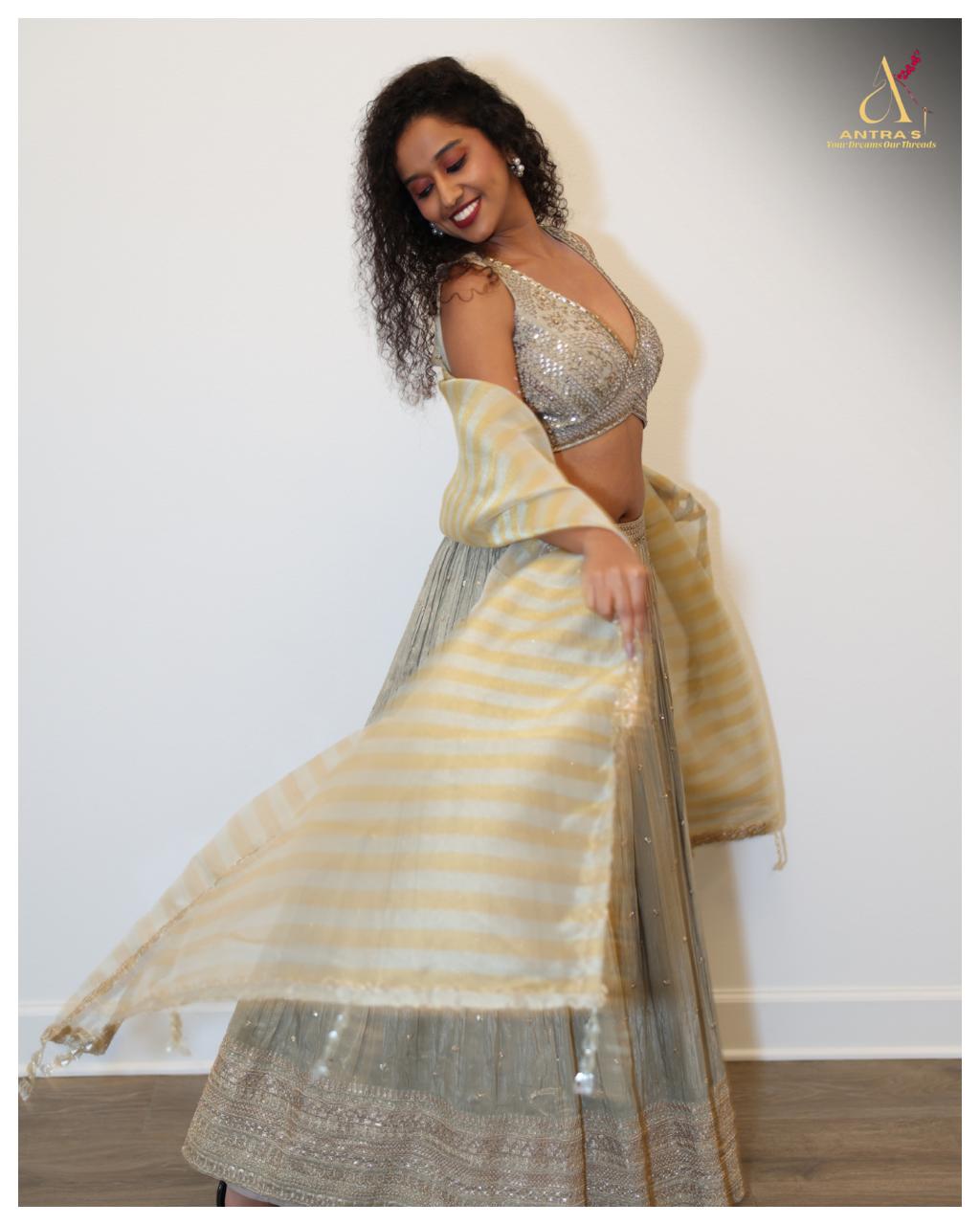 Greyish-Cream Tissue Organza Chaniya Choli Set