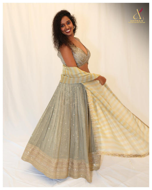 Greyish-Cream Tissue Organza Chaniya Choli Set