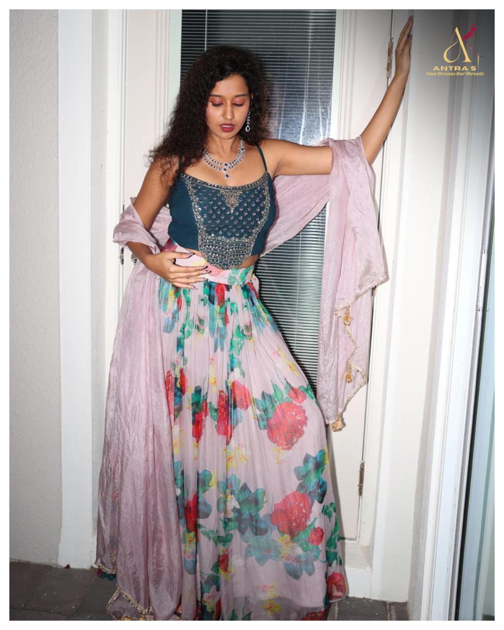 Floral Screen-Printed Organza Skirt with Embroidered Blouse