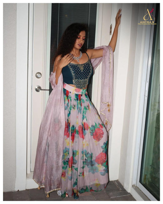 Floral Screen-Printed Organza Skirt with Embroidered Blouse