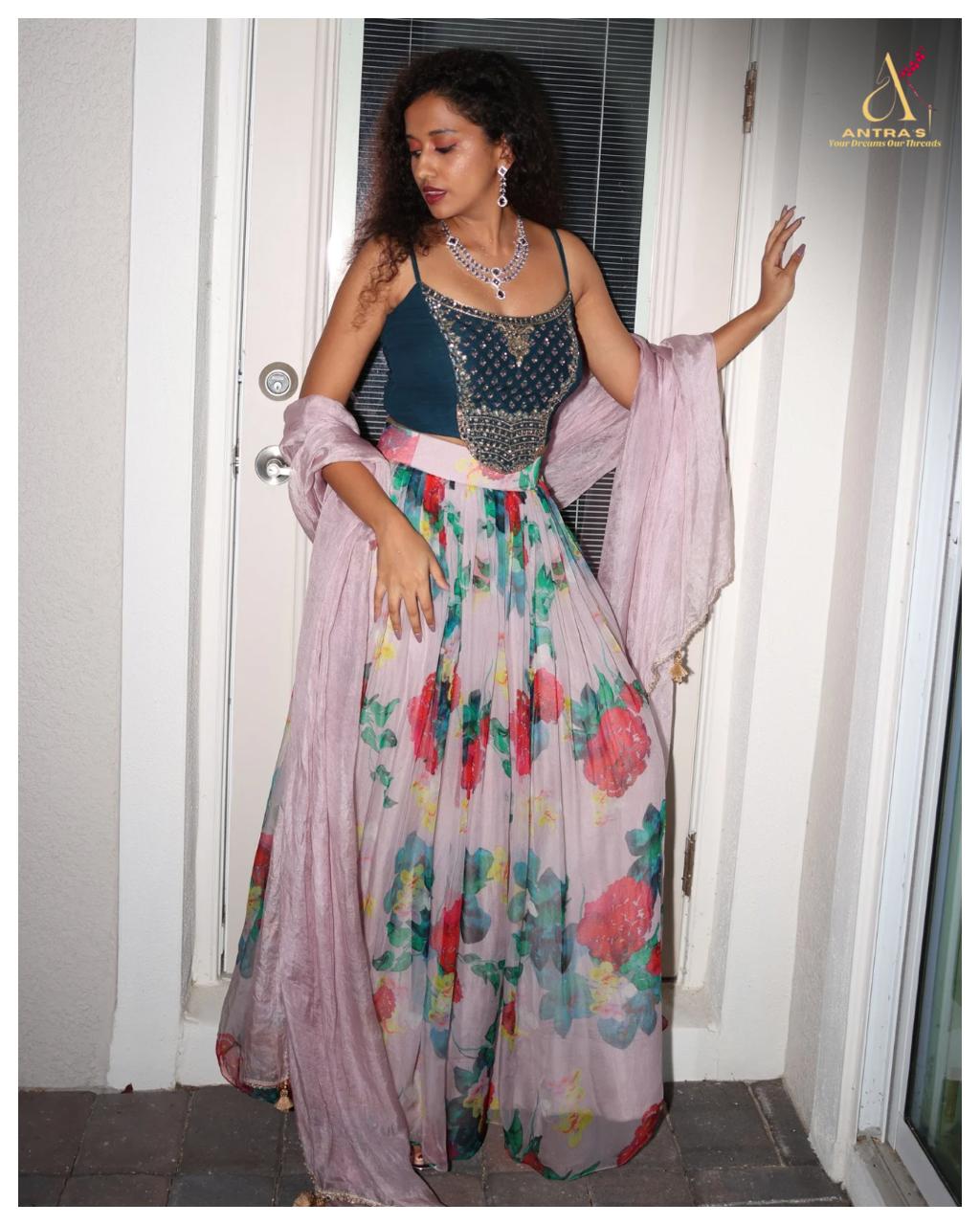 Floral Screen-Printed Organza Skirt with Embroidered Blouse